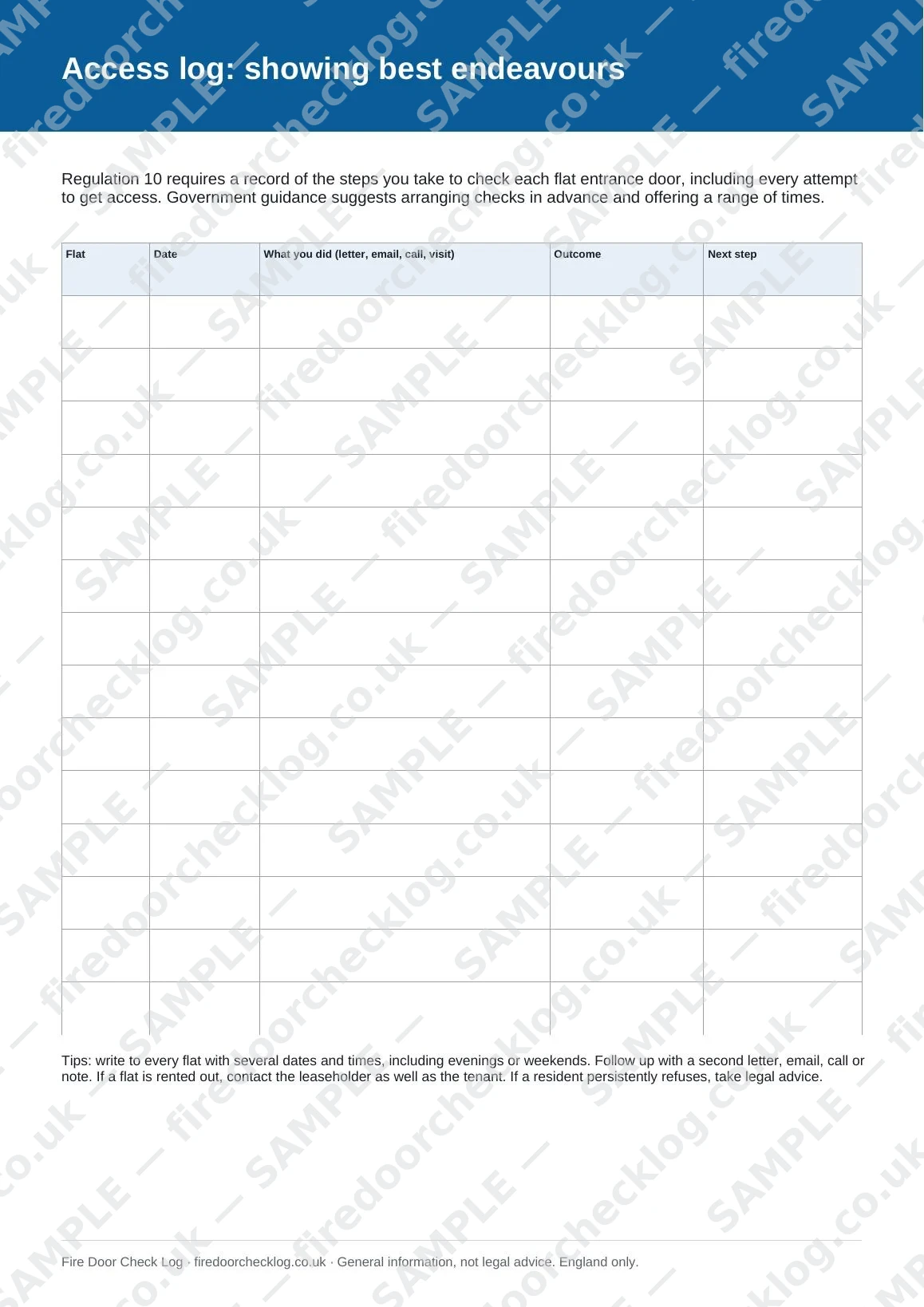 Printable flat entrance door access log