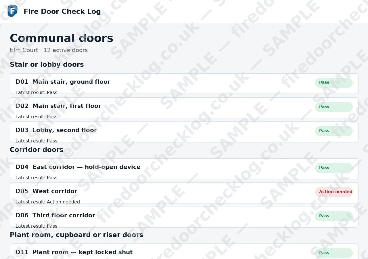 Elm Court communal fire door register